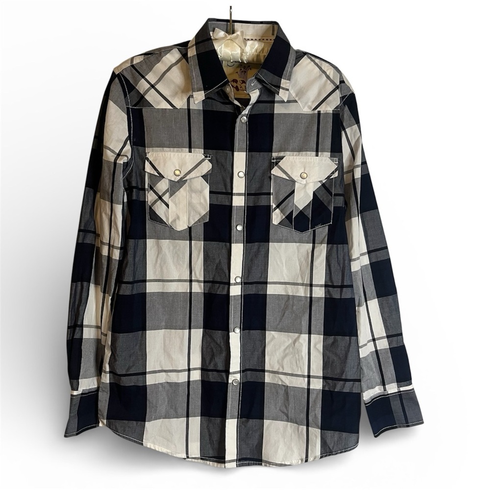 Coastal Mens Sz A Western Shirt Pearl Snap Plaid Navy White Long Sleeve Collared